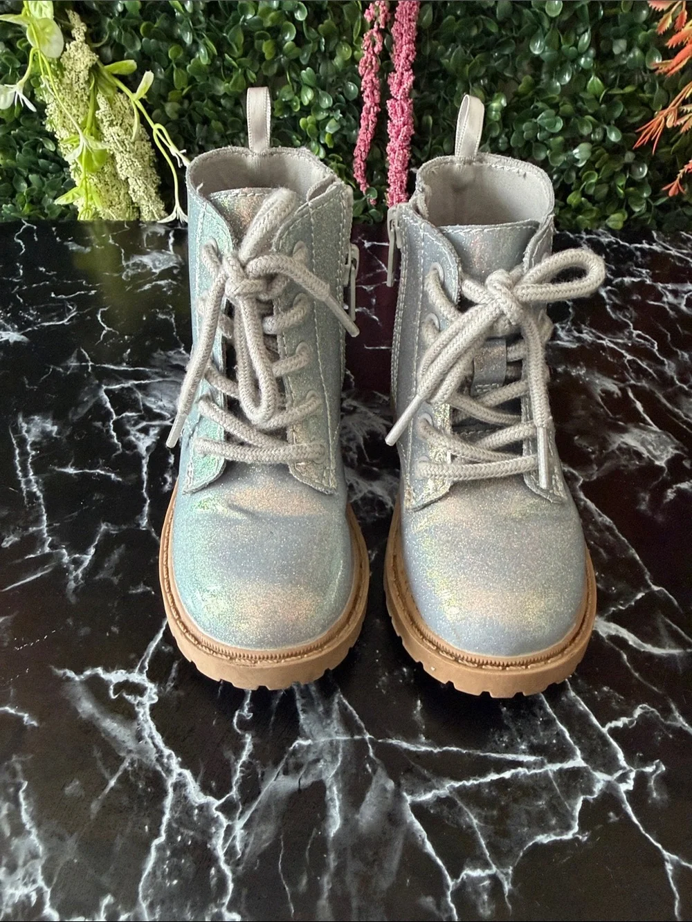 Old Navy Iridescent Silver Holographic Lace-Up Kids Boots